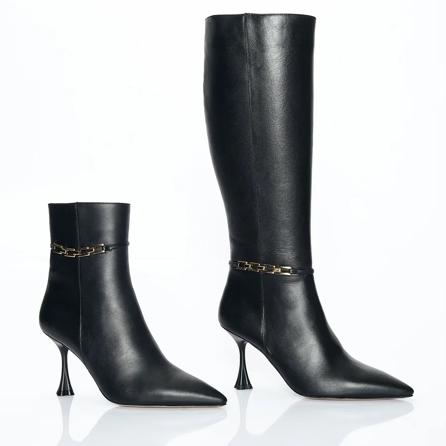 MARITZA AW24 catalog — black leather ankle boot and knee-high boot, both on a spool heel with a gold chain trim