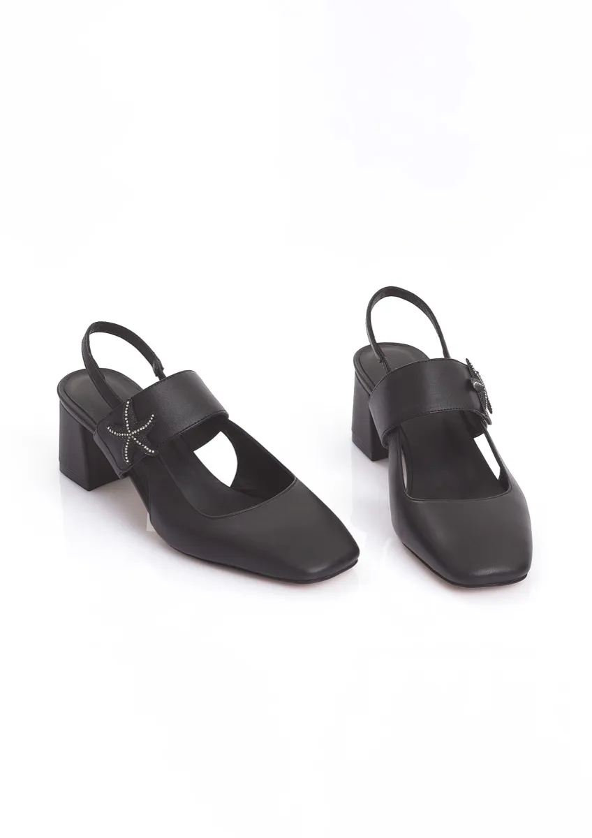 MARITZA black leather Mary Jane slingback on a block heel, with a crystal starfish ornament on the instep strap