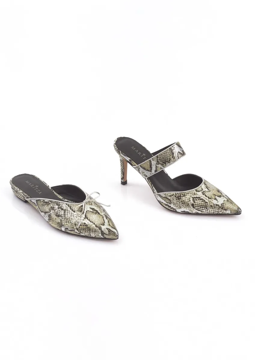 MARITZA snake-print leather mules — a pointed-toe flat with a bow and a pointed-toe stiletto, in the same olive and cream print