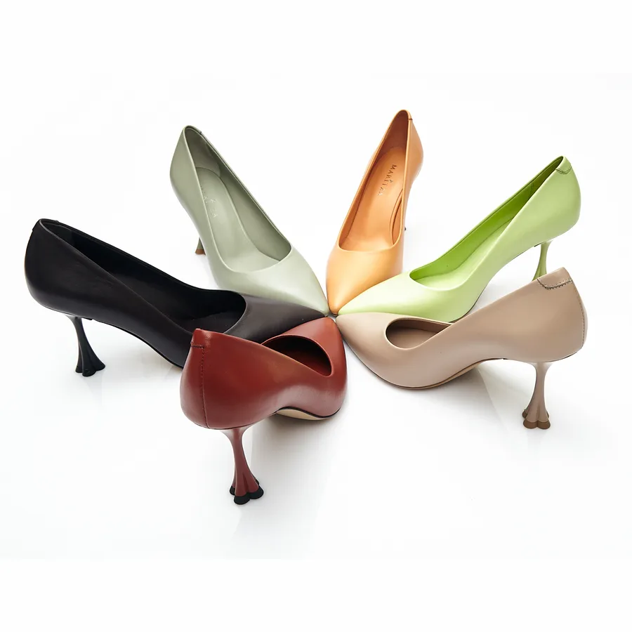 MARITZA SS24 catalog — six pointed-toe leather pumps in sage, apricot, lime, sand, oxblood and black, gathered heel to heel