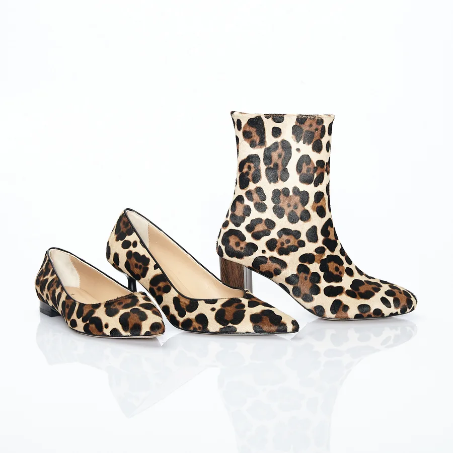 MARITZA leopard-print calf hair flat, block-heel pump and ankle boot shown together