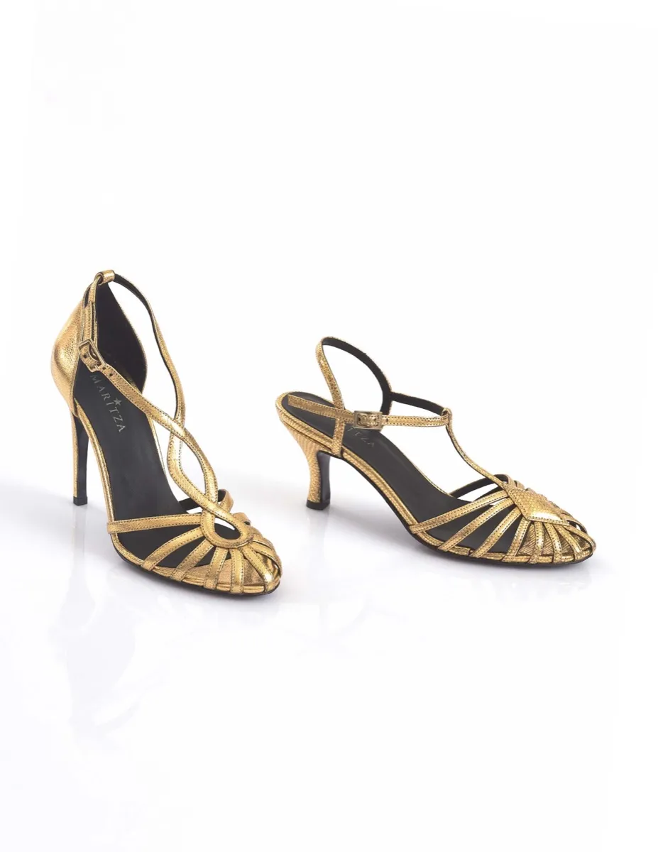 MARITZA MZ-107 gold leather cage sandals - two heel heights