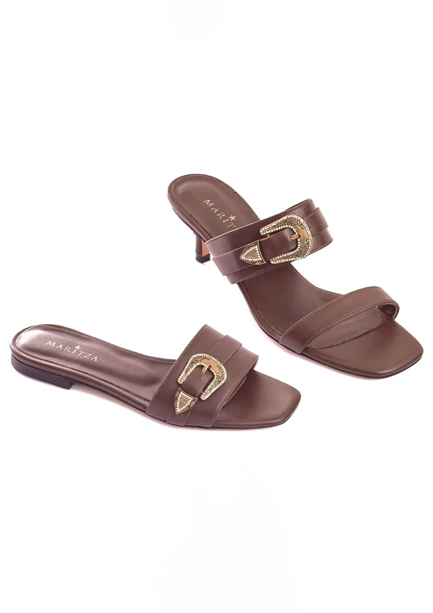 MARITZA MZ-115 brown leather western buckle slides - flat and kitten heel