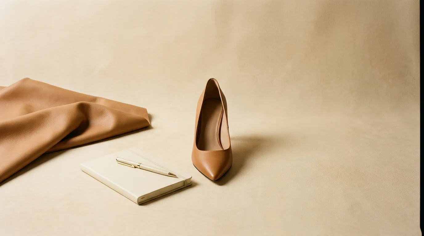 Tan leather heel, raw leather hide and notebook — evaluating Turkish footwear suppliers